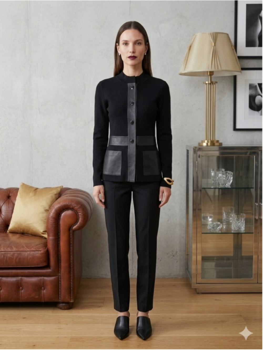 DONCASTER Collection Black 100% Wool Cardigan Jacket Leather Trim Turn-Lock Smal